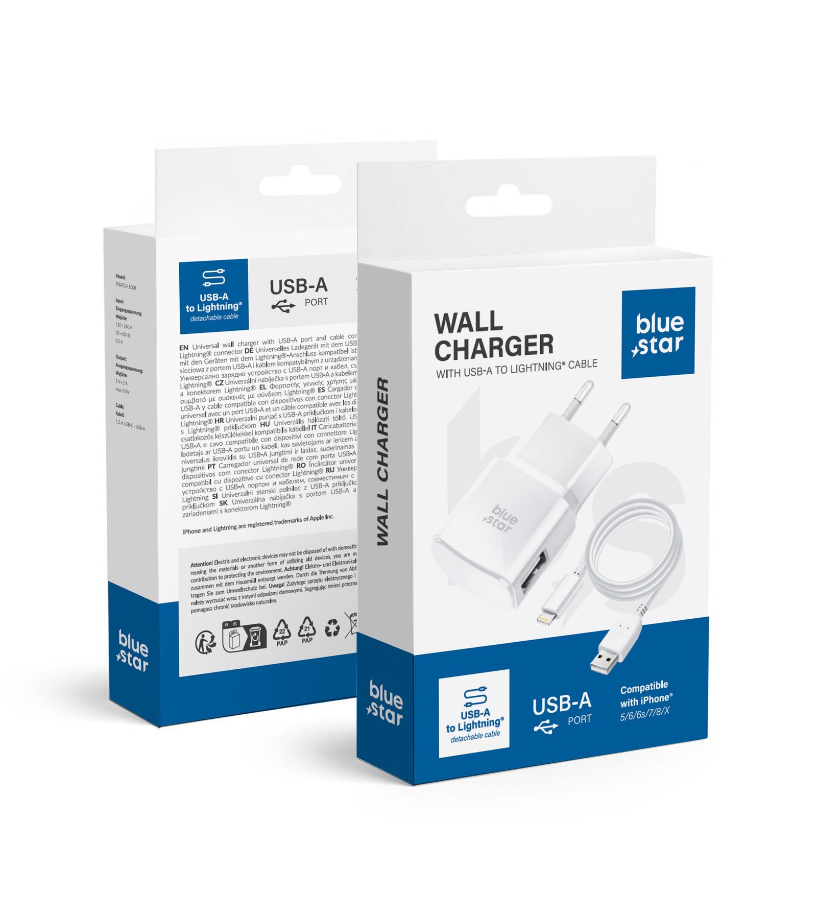 Chargeur Secteur Apple iPhone 5/6/6s/7/8/X avec Câble Détachable Blue Star